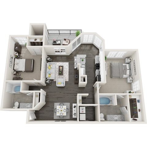 Floor plan for 2 beds, 2 baths, 1257 sqft